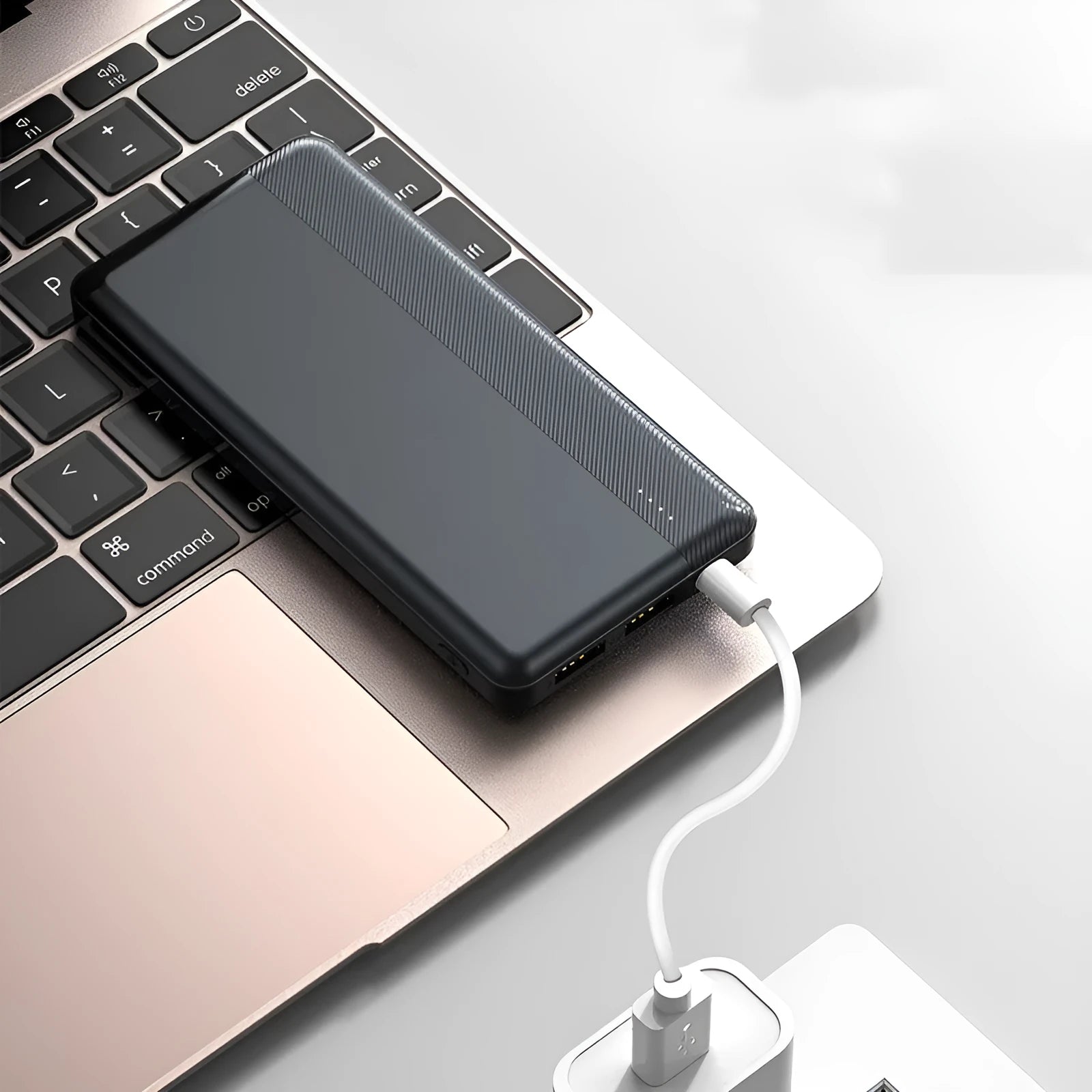 20000mAh portable power bank in white with 2.1A input output and slim 15mm design