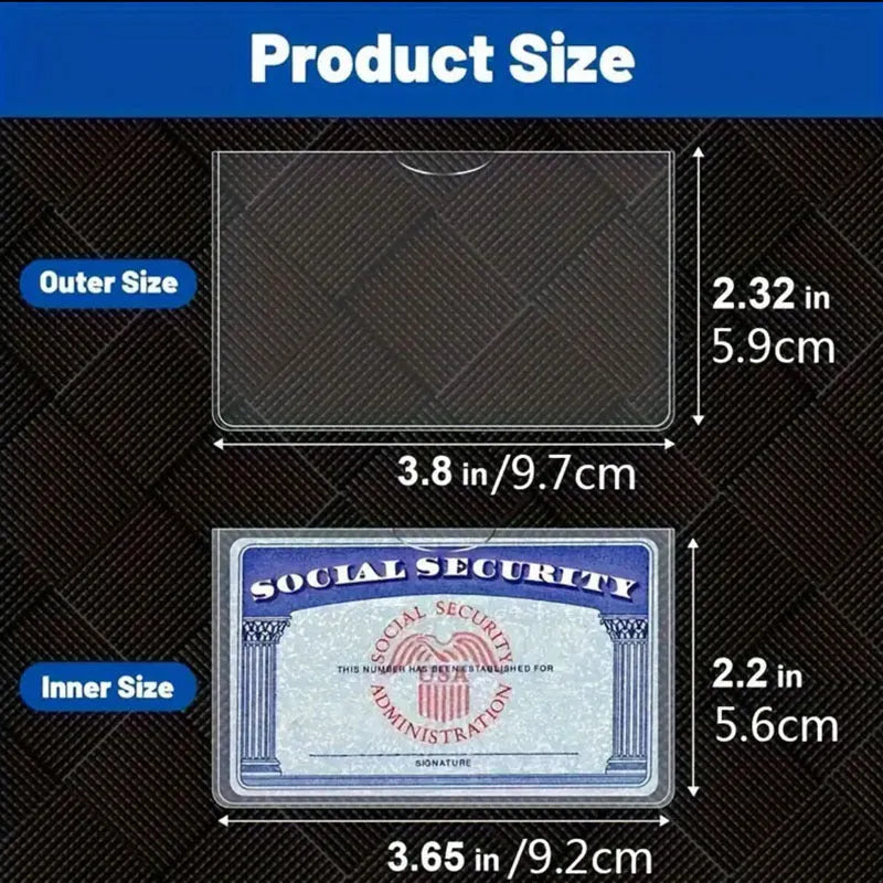Clear transparent PVC wallet holding a social security card, showing waterproof cover dimensions of 9.7cm by 5.9cm.