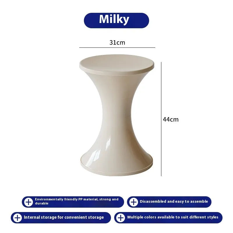 Plastic hourglass shoe changing stool in multiple colours with compact dimensions