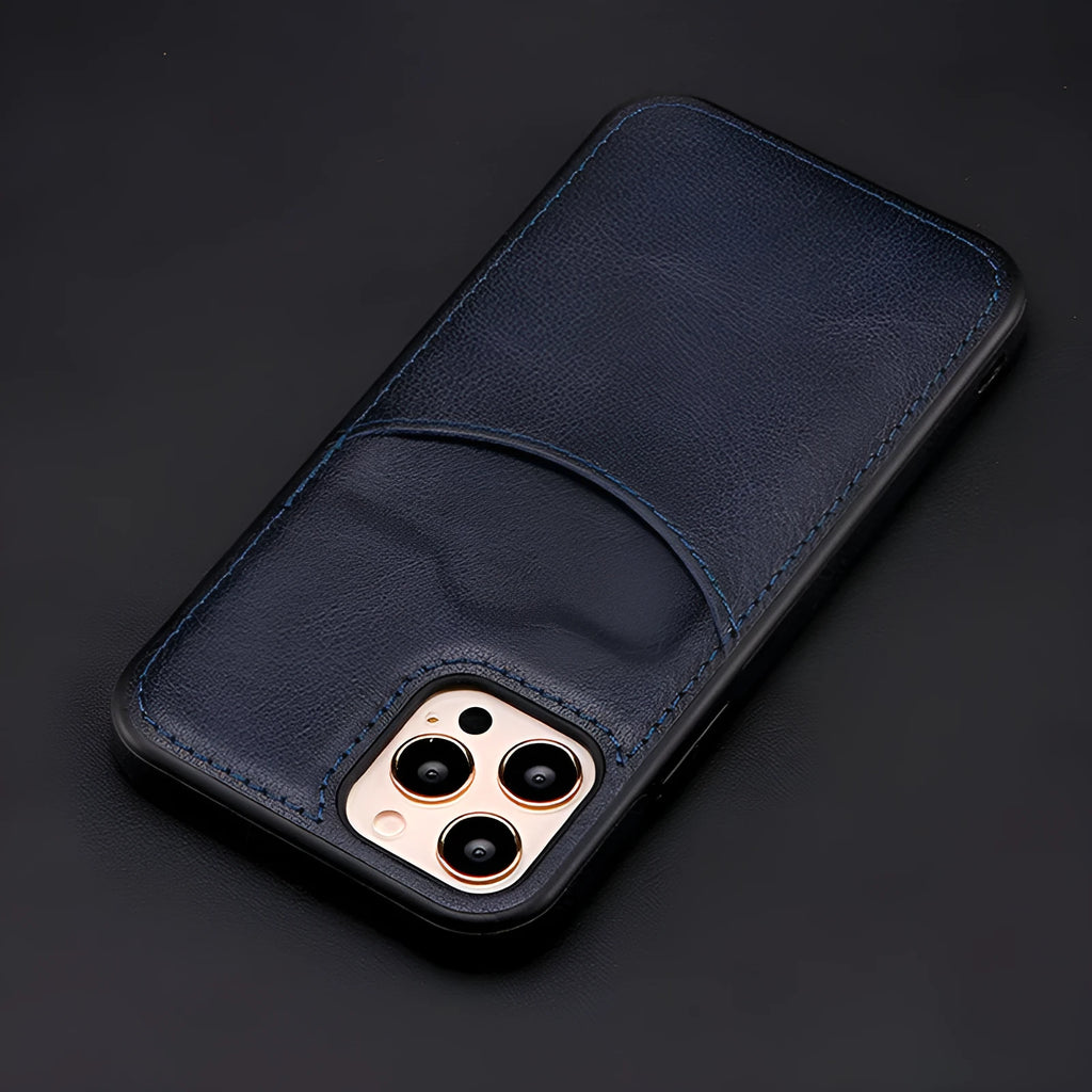 Dark blue PU leather protective case for various iPhone models on a table