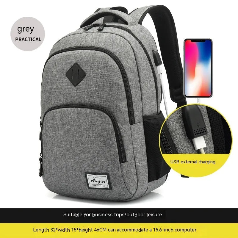 Grey lightweight travel backpack with USB charging port and trolley case sleeve
