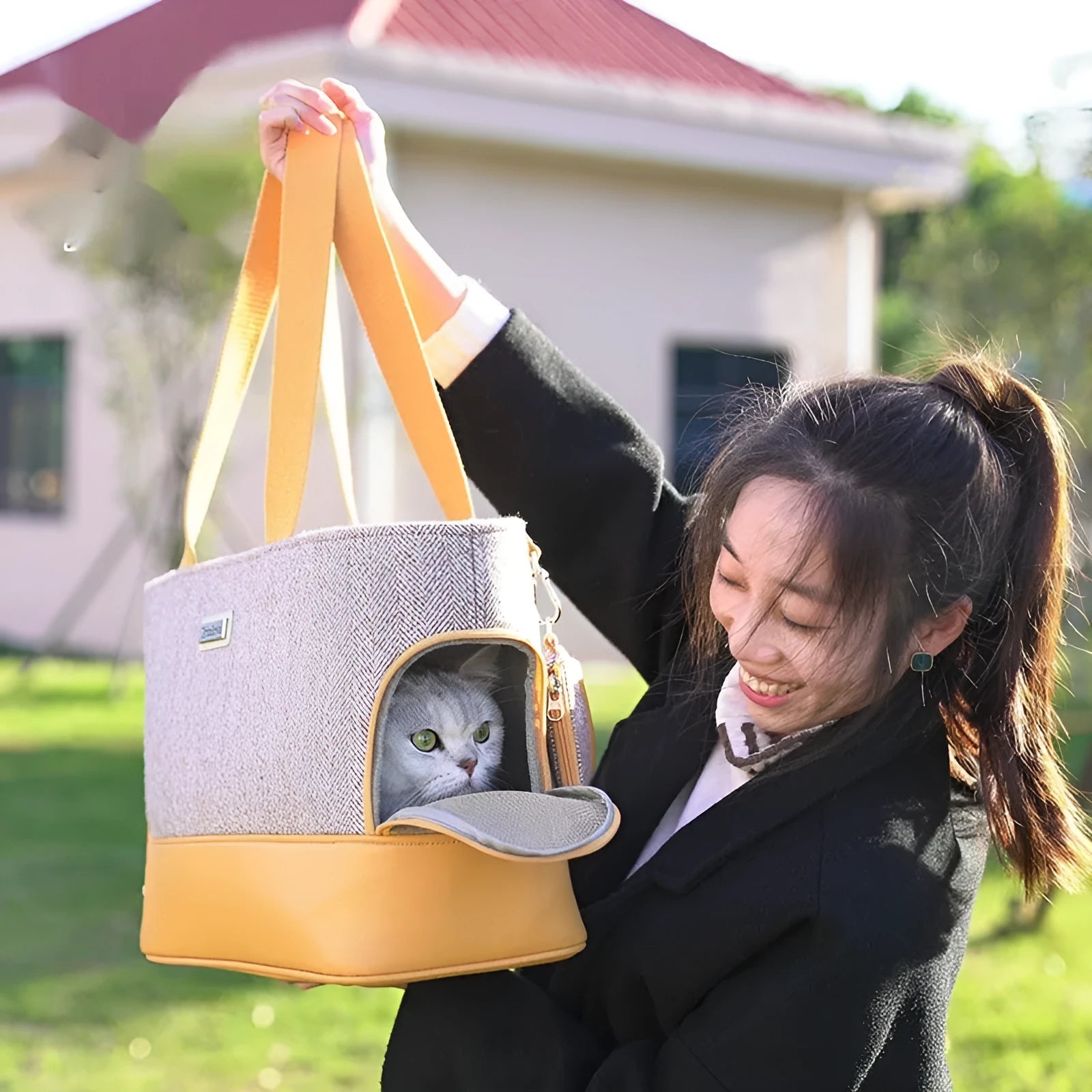 Breathable capsule-style pet backpack measuring 42cm long in beige brown colour