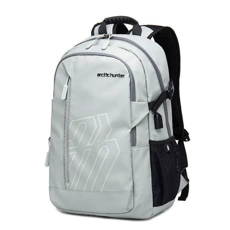 Casual plaid computer backpack with curved shoulder strap in black, blue, grey or orange colours