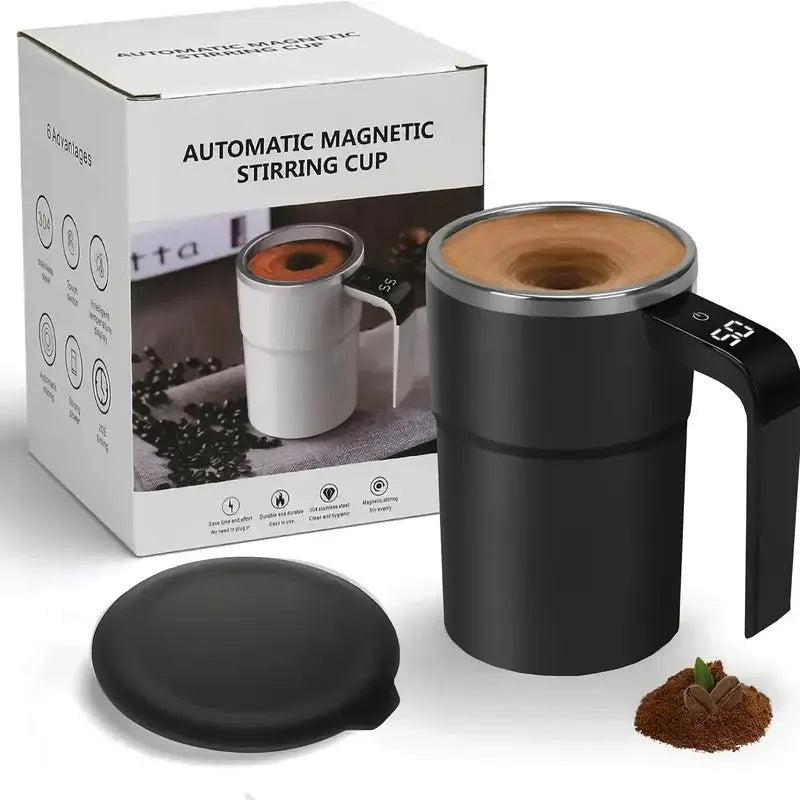 White automatic stirring coffee mug with LCD temperature display and USB charging cable
