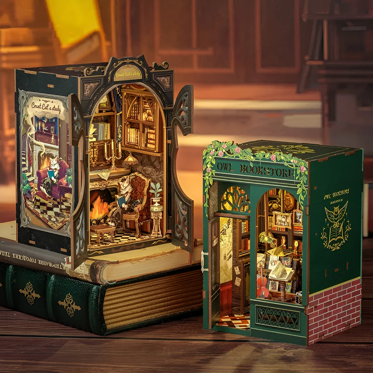 Owl Bookstore DIY wooden 3D stereo hand-assembled building model with flashing light in colour box packaging