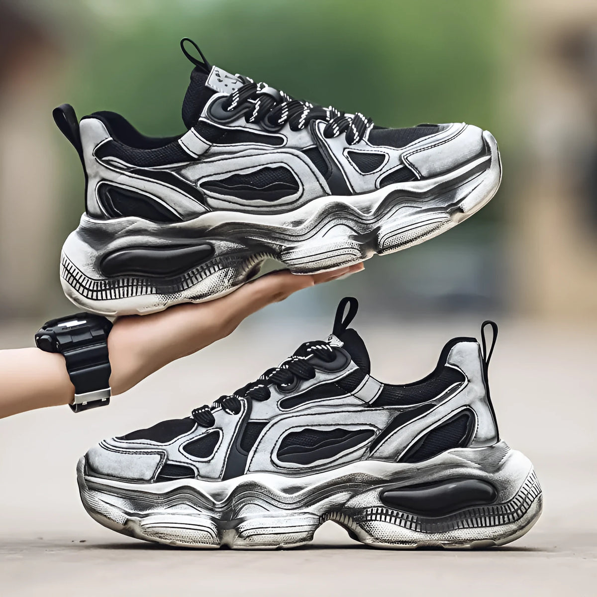 Men's mesh casual height increasing sneakers with colour brush detail in black, gray, and white