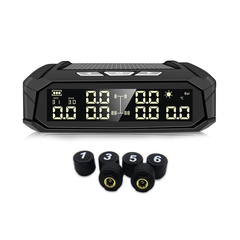 Solar external tyre pressure monitor with six sensors for RV truck, LCD colour display, plastic and copper housing