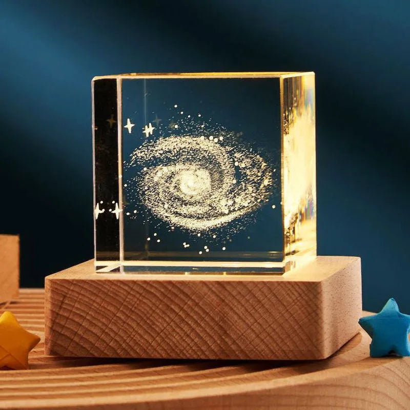 3D crystal cube night light with glass lampshade showing dimensional patterns in warm light