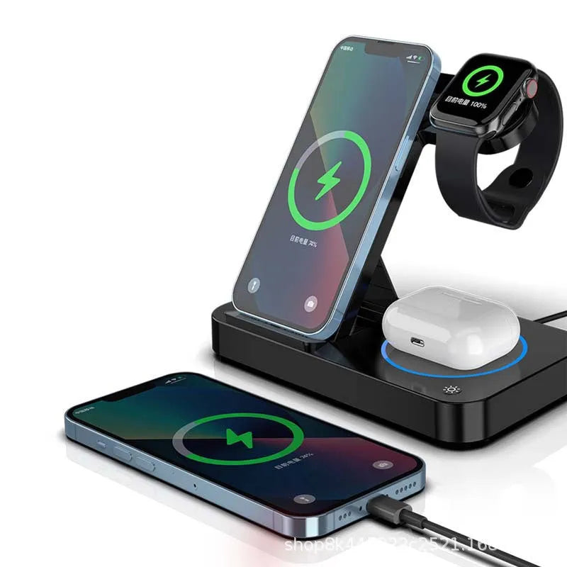 Folding three-in-one wireless charging stand in black with phone, headphones, and watch placed on charging areas