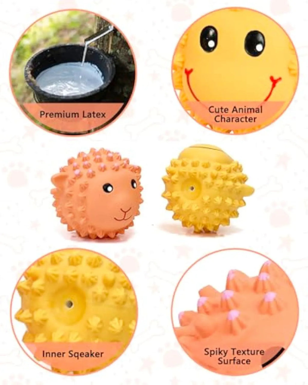 Set of two squeaky natural latex dog toys in lamb and monkey shapes, 3 inches diameter, orange and yellow colours