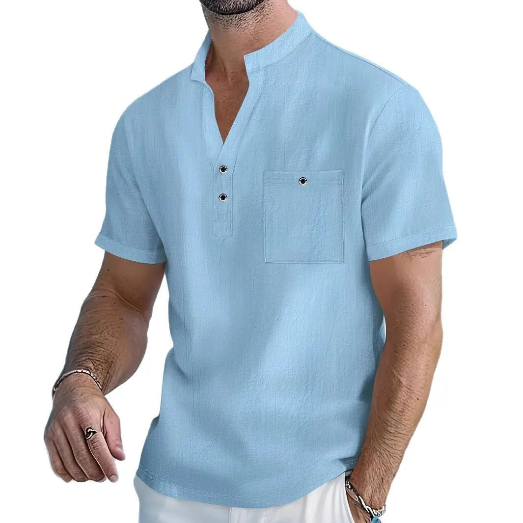 Men's linen stand collar short sleeve shirt in loose fit with solid colour