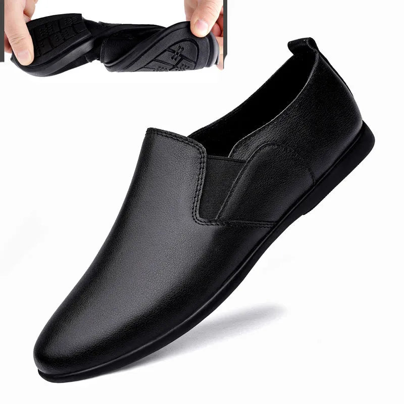 Men's black leather business casual shoes with round toe and breathable design