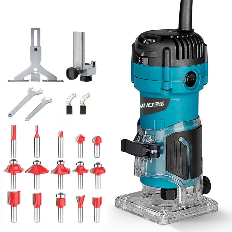 Electric router slotting machine with plastic body and 15 milling cutters for woodworking engraving