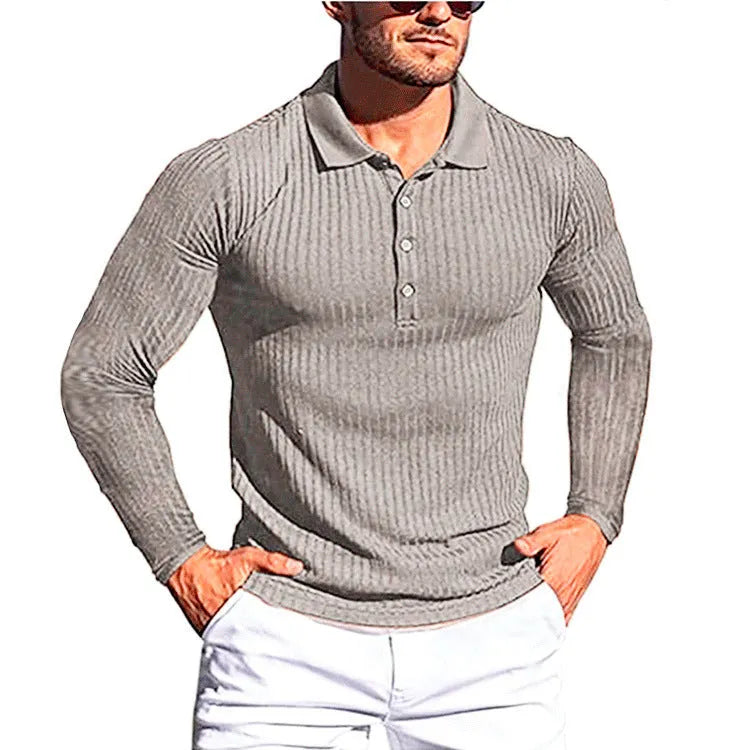 Man wearing a striped loose-fit short sleeve shirt in a high elastic knit fabric, showing the stretch and casual style.