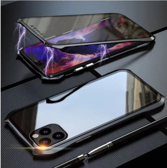 Black metal and glass magnetic protective case for iPhone 11, shown alongside red, blue, and silver colour options.