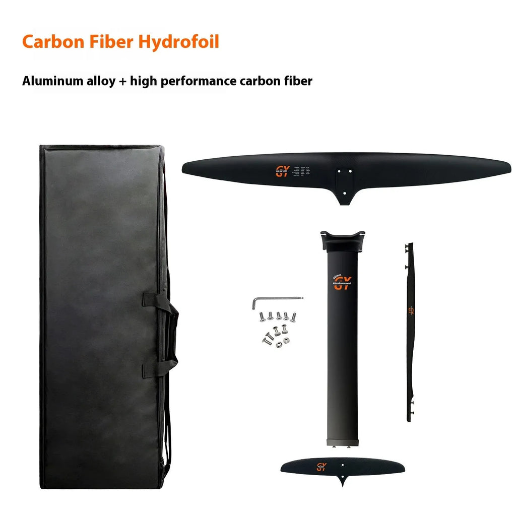 Black carbon fibre and aluminium alloy racing hydrofoil for surfboards with a large front wing.