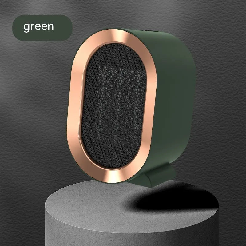 Black desktop electric heater with ceramic heating element and mechanical controls for two-speed operation