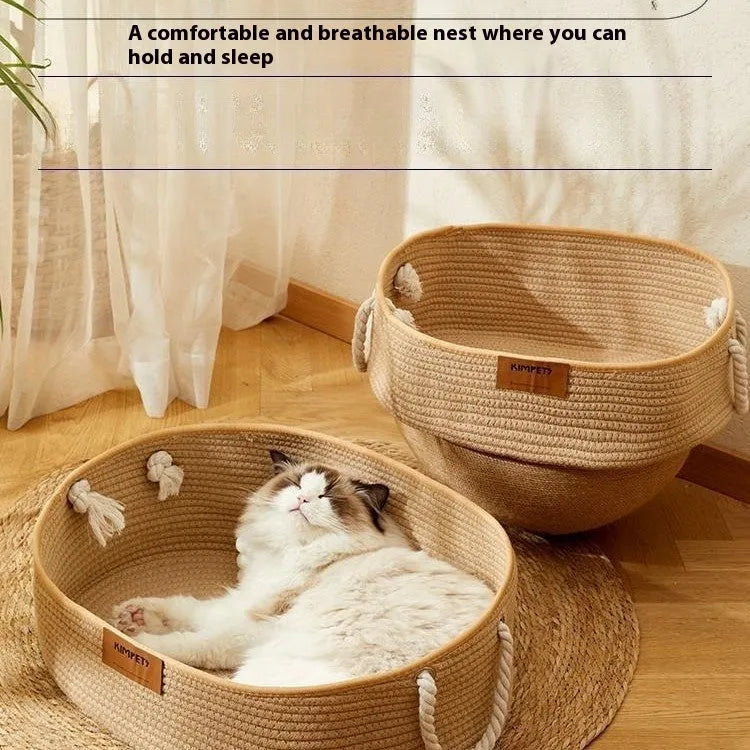 Woven cotton and linen cat nest in medium size with scratch resistant surface, suitable for all seasons