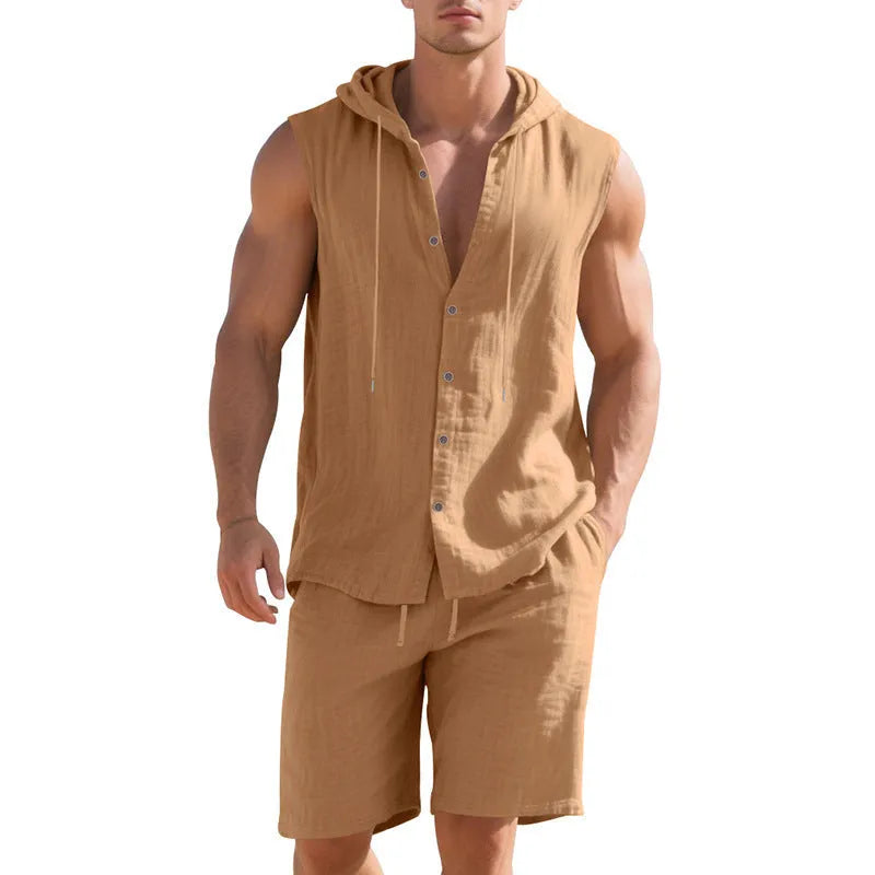 Men's linen sleeveless shirt and shorts suit in army green, front view, summer casual two-piece set