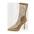 Gold mesh women's high heel sandals with pointed toe and stiletto heel on rubber sole