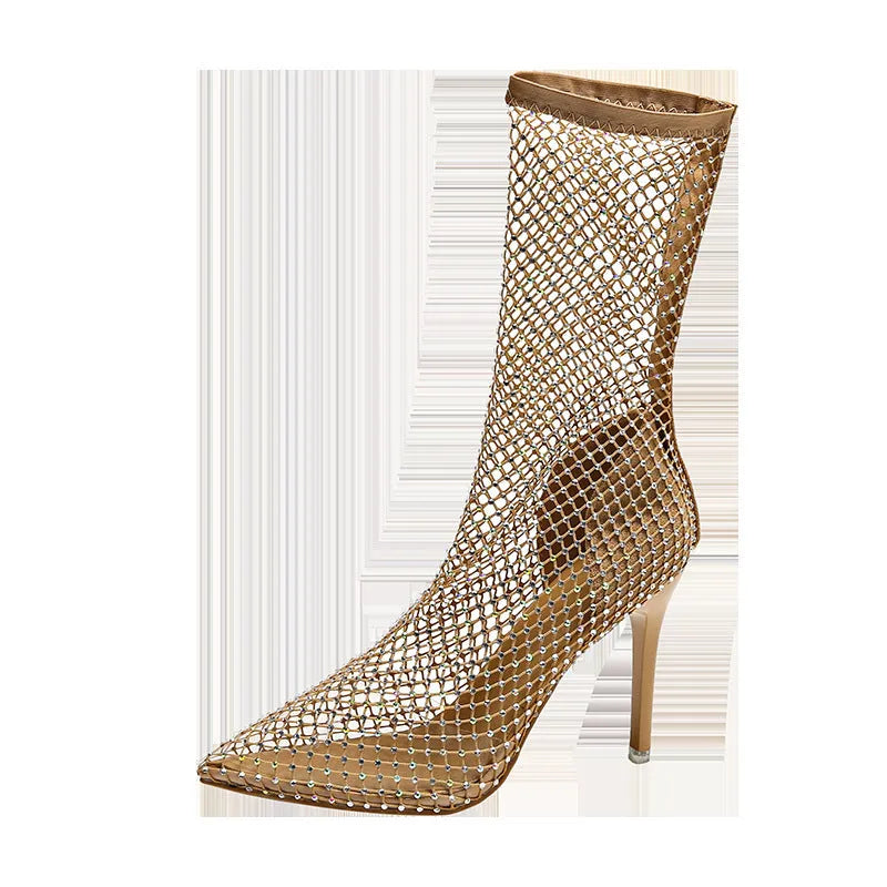 Gold mesh women's high heel sandals with pointed toe and stiletto heel on rubber sole