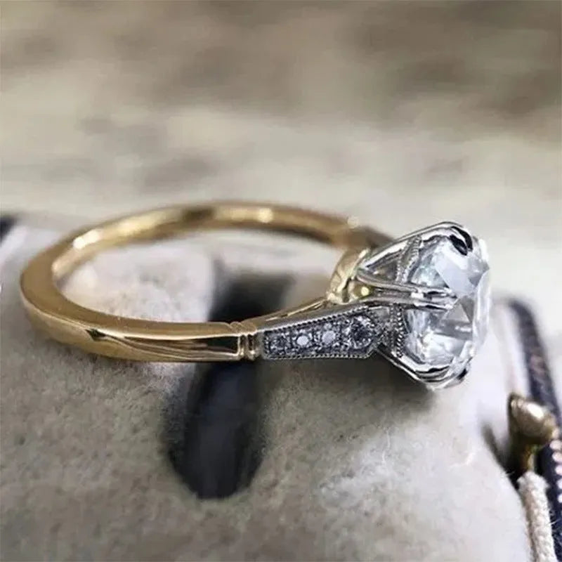 Geometric two-tone brass plated copper ring for women with inlaid zircon stone