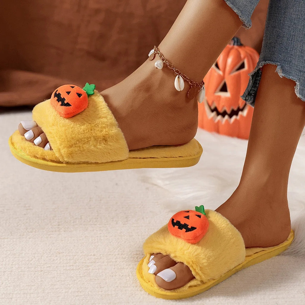 Women's Halloween pumpkin design open toe slippers in white with synthetic fur and PVC anti-slip soles