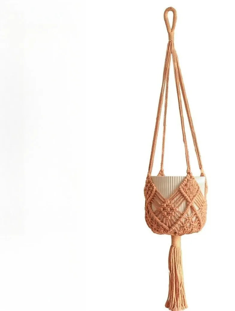 Hand-woven polyester cotton flower pot cover in brown colour with textured surface
