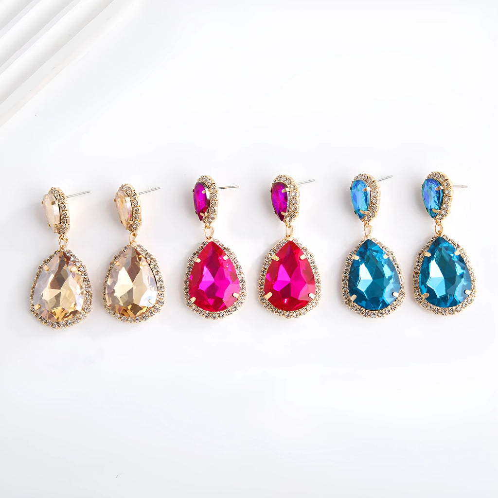 Multi-layer drop-shaped glass rhinestone earrings for women, electroplated metal alloy, available in Rose Red, champagne, and Blue