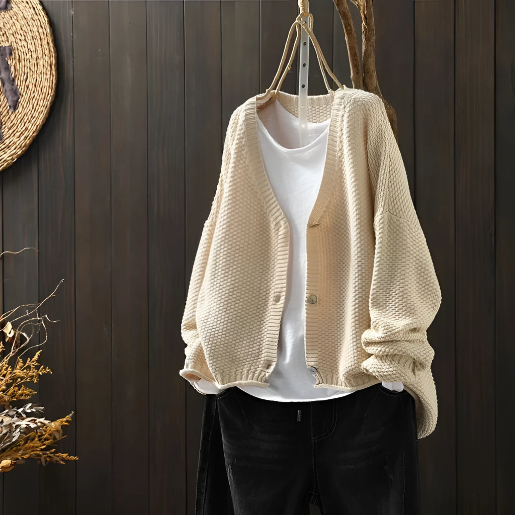 Women's solid colour cardigan thick blended wool acrylic long sleeve loose fit 50cm length beige