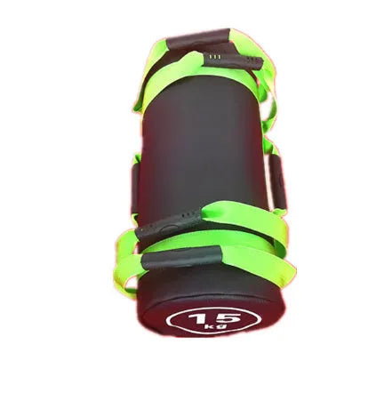 White PVC training sandbag for fitness and weight lifting, shown with weight options from 5KG to 30KG.