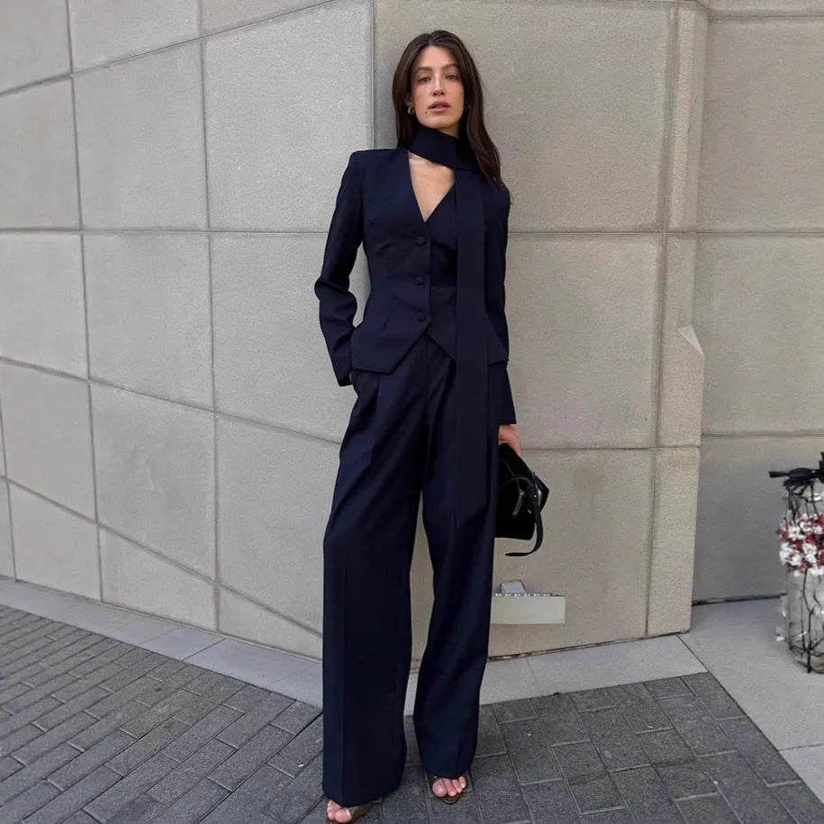 Navy blue women's halter suit set with top and trousers, solid colour polyester fabric, commuter wear