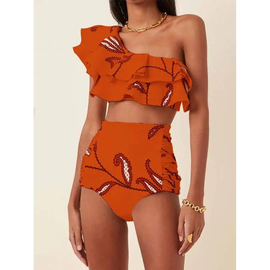 Women's high waist bikini suit with oblique shoulder ruffles in striped pattern