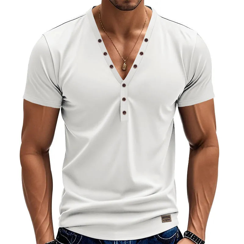 Men's loose fit solid colour v-neck pullover top on a hanger