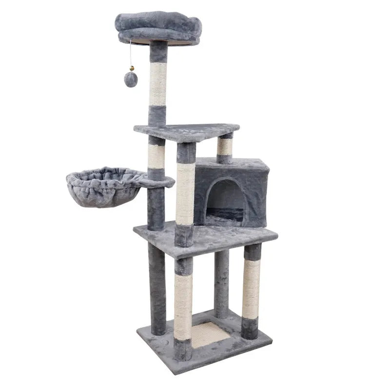 Multi-layer wooden cat climbing frame with chamfered edges, 47x37x133 cm, in beige plush finish