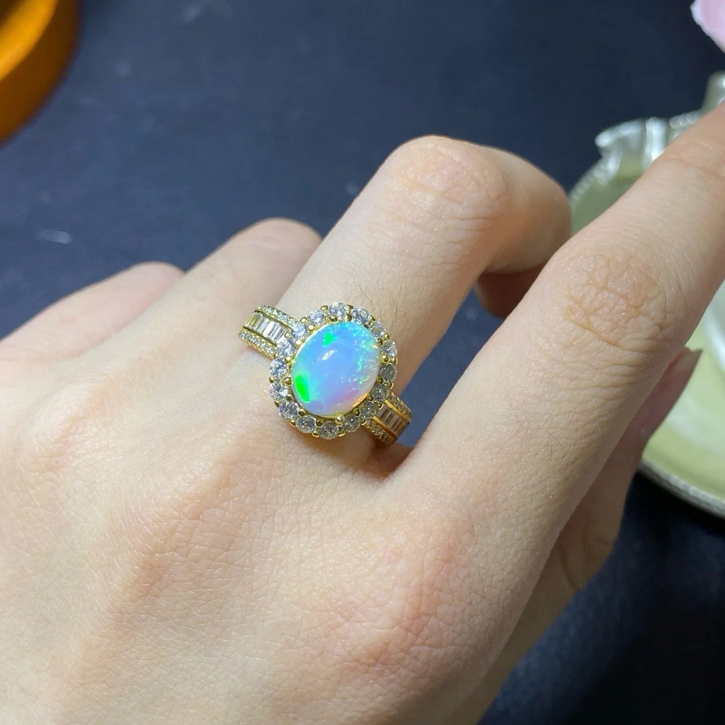 Natural opal opening silver ring in choice of platinum, rose gold or gold colour finishes