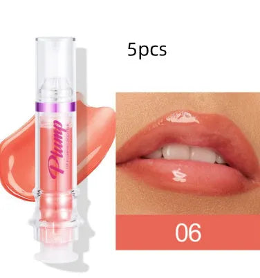 Tube of lip gloss showing shiny finish, available in six different colour shades.