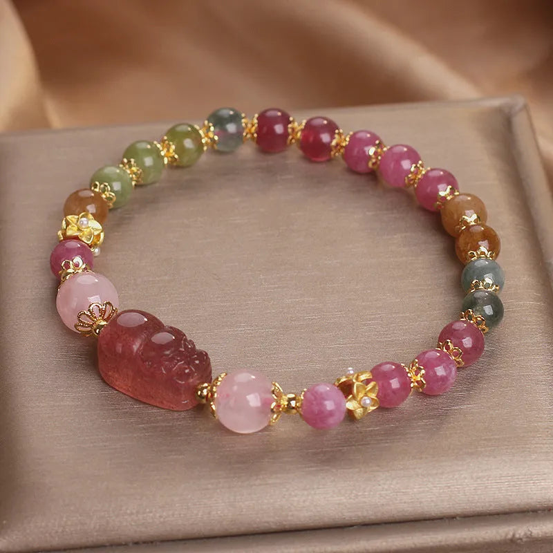 Women's strawberry quartz and pink tourmaline bracelet with electroplated metal chain, 17 cm length