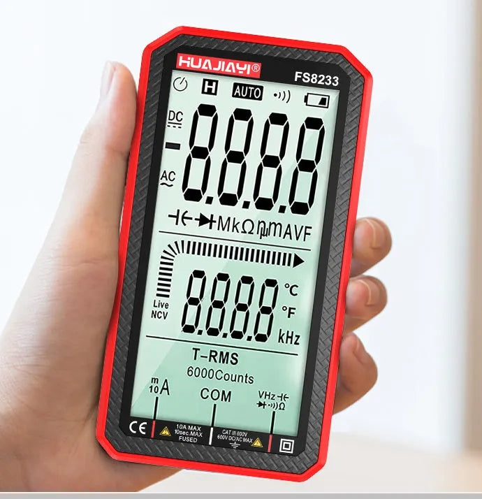 Handheld black or red digital multimeter with large screen display for electrical testing