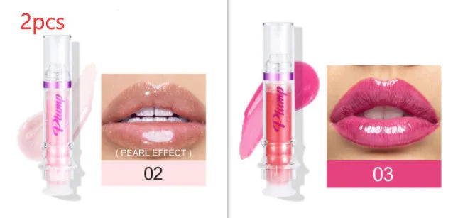 Tube of lip gloss showing shiny finish, available in six different colour shades.