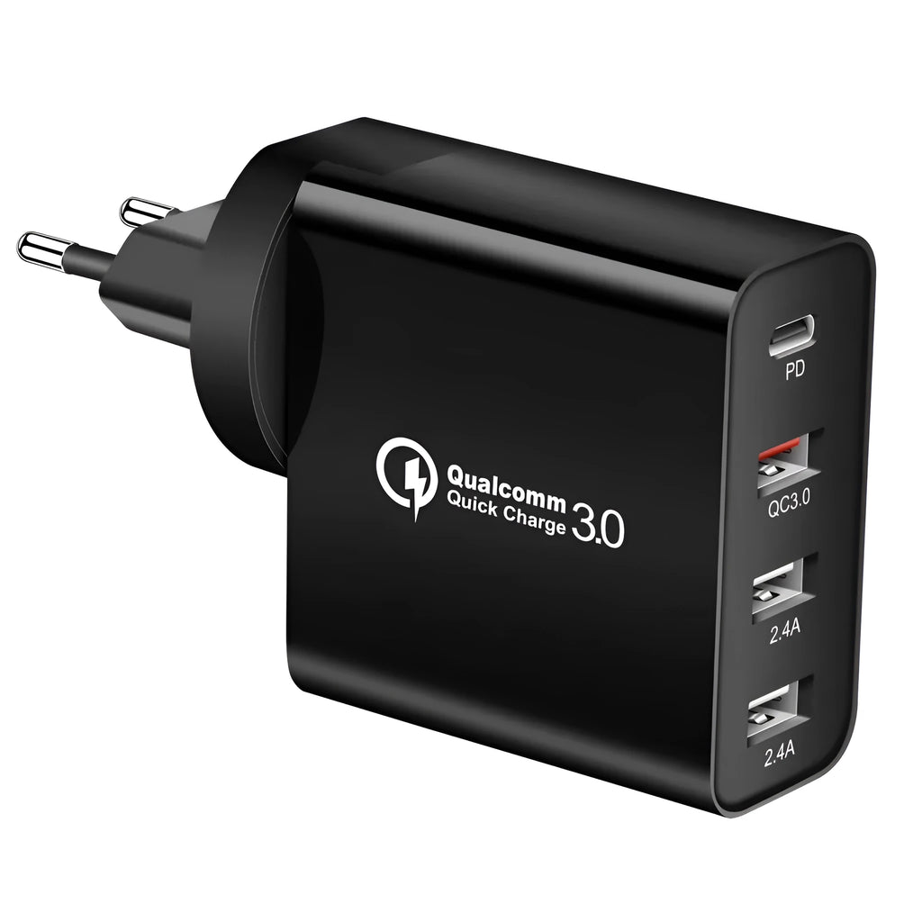 Fast charge mobile phone charger with multiple USB ports in black or white with international plug options