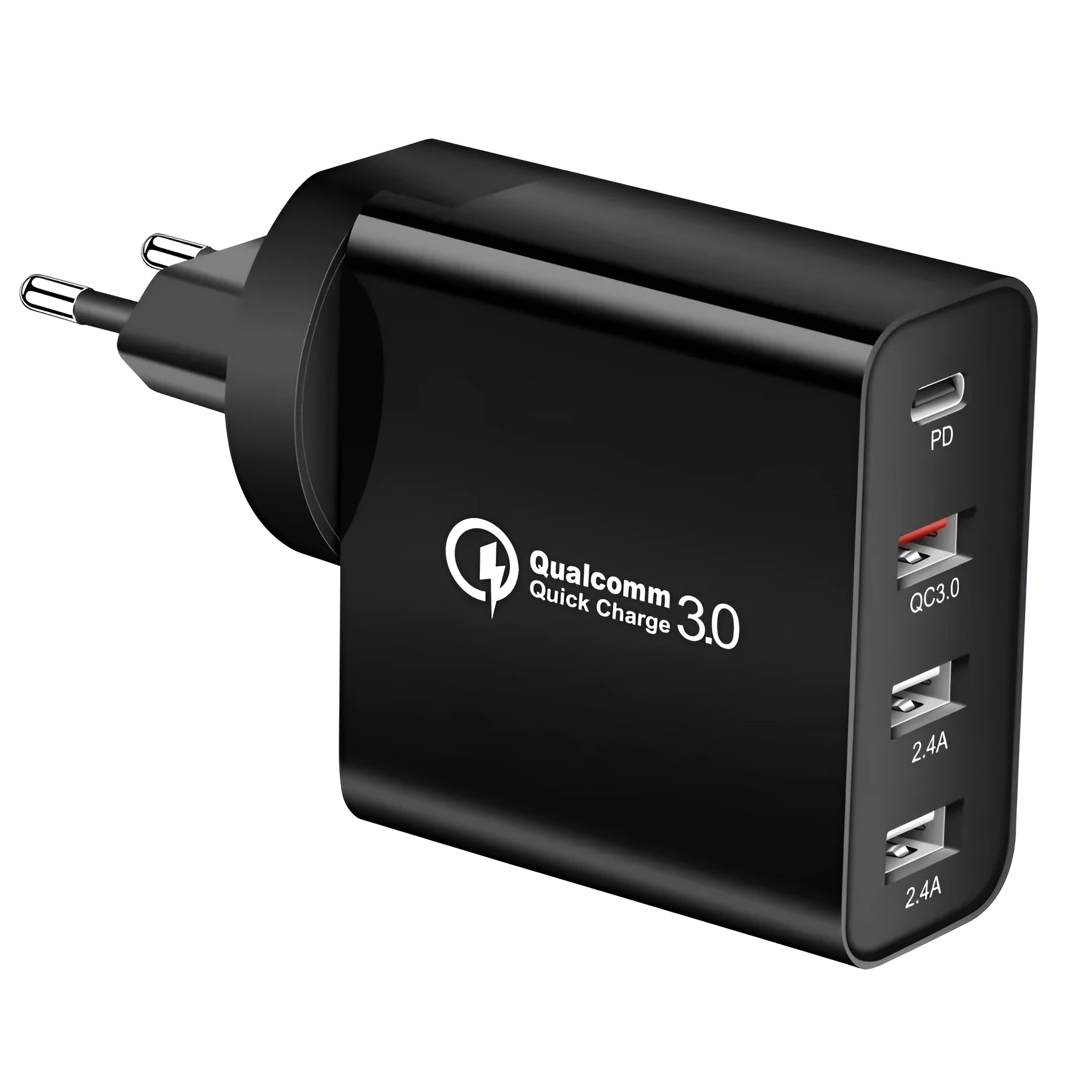 Fast charge mobile phone charger with multiple USB ports in black or white with international plug options