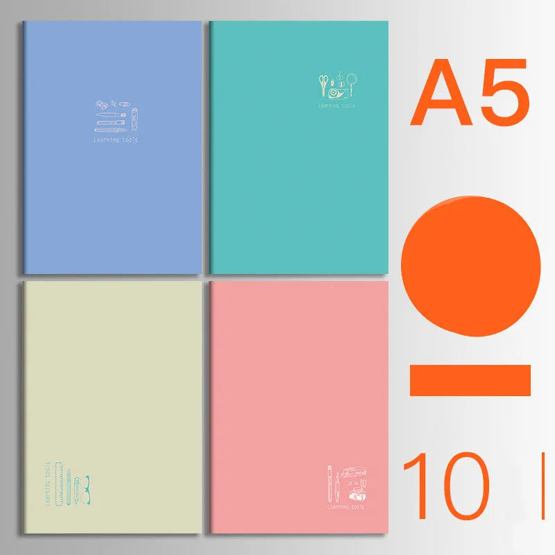 Pack of ten thread-bound A5 and B5 softcover notebooks showing multiple design styles including kraft paper and illustrated covers.
