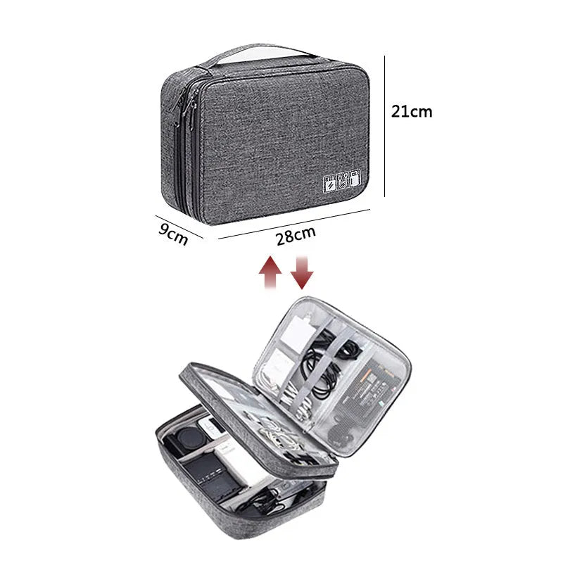 Gray waterproof double-layer electronics organizer bag with adjustable dividers and carrying handle, open to show elastic loops and mesh pockets