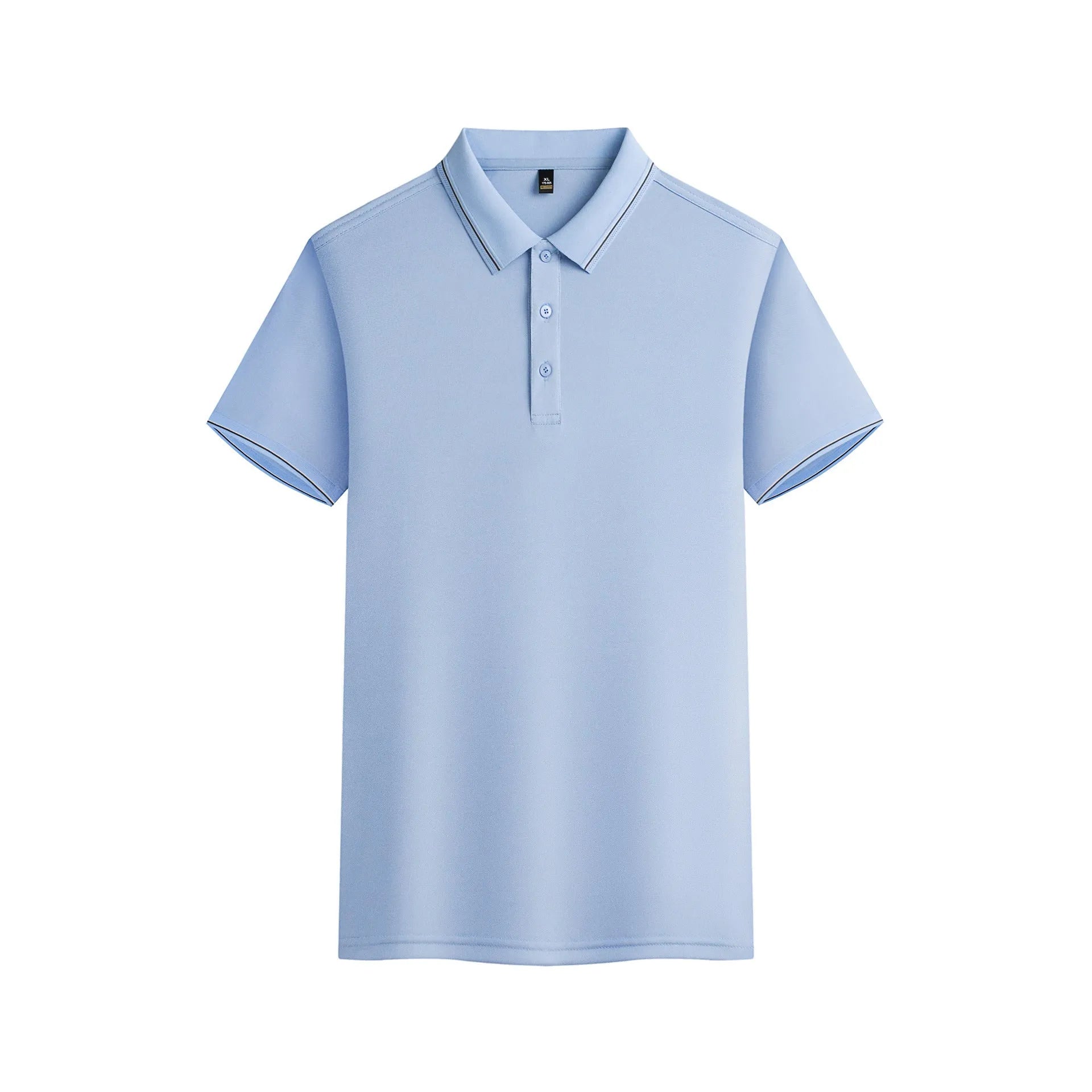 Men's navy blue short-sleeved polo shirt made from quick-drying polyester fabric for summer.