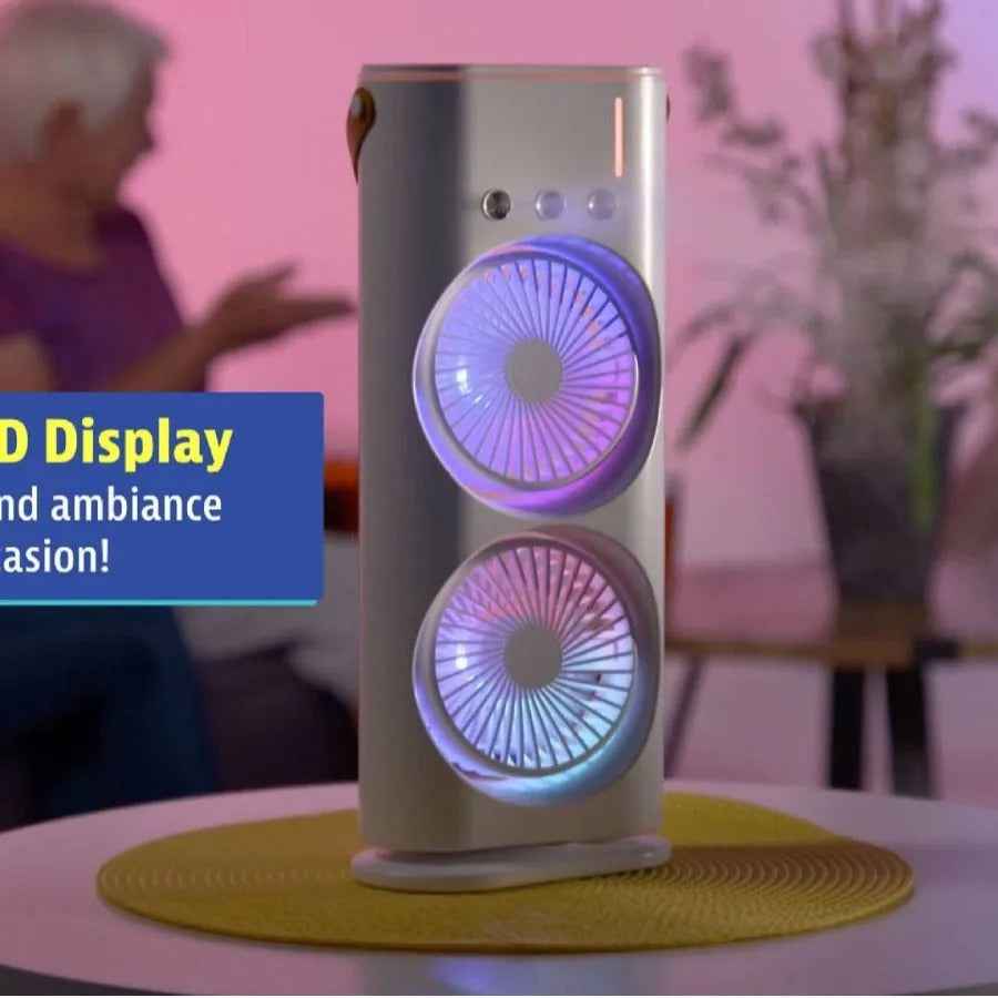 White portable USB humidifier fan with remote control on a desk