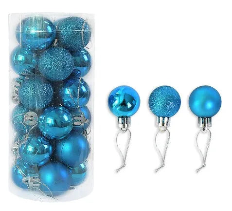 Assortment of 3cm shiny matte Christmas ball decorations in gold, red, silver, blue, and pink colours.