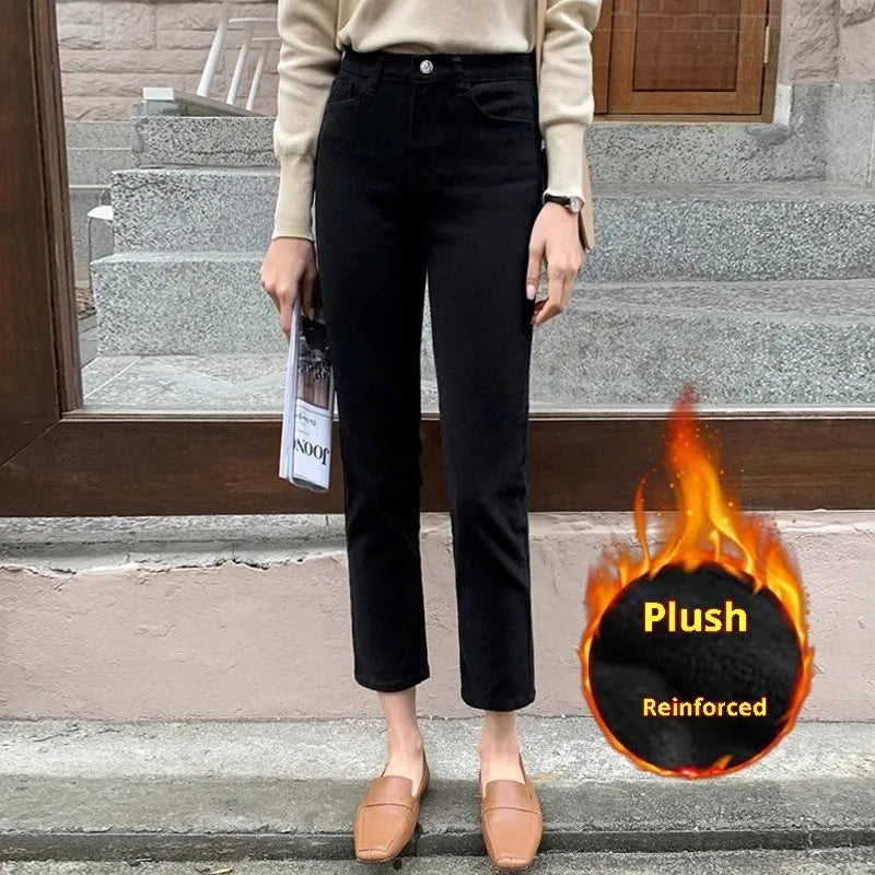 Black plus velvet smoke pipe jeans leggings with straight-leg cut and composite velvet finish for women
