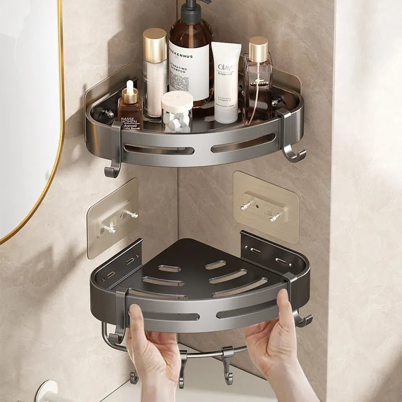 Gun grey punch-free wall-mounted bathroom corner storage rack with fan-shaped design