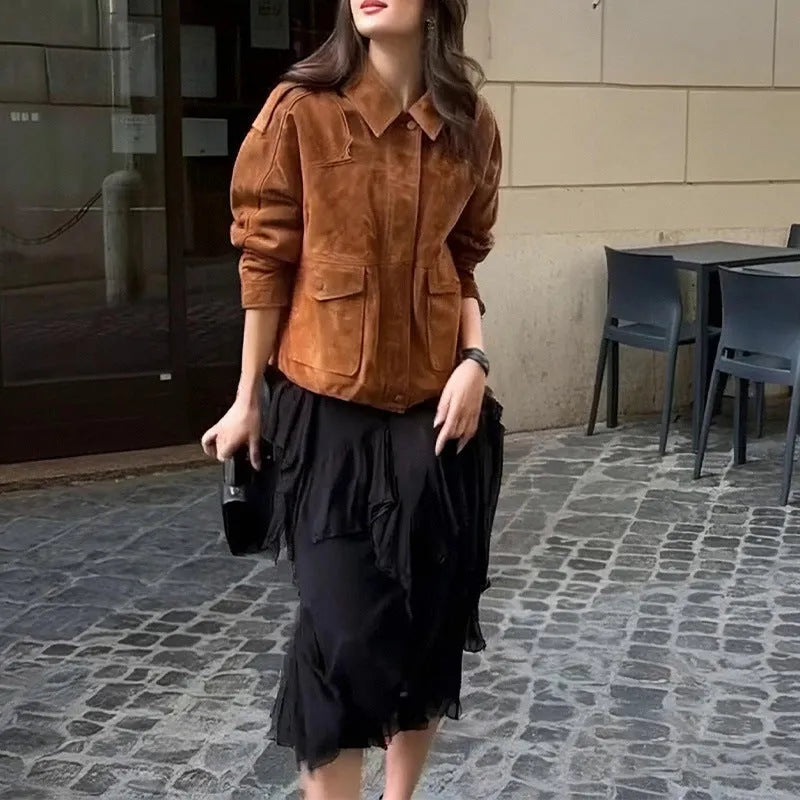 Women's regular sleeve suede coat in bright brown and brown colours showing polyester construction